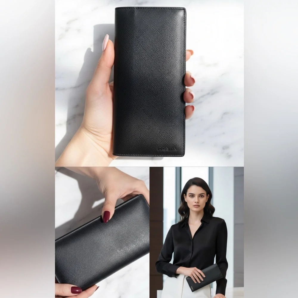 PRADA Saffiano Leather Long Wallet Black Burgundy Multi-Color‎ Interior
